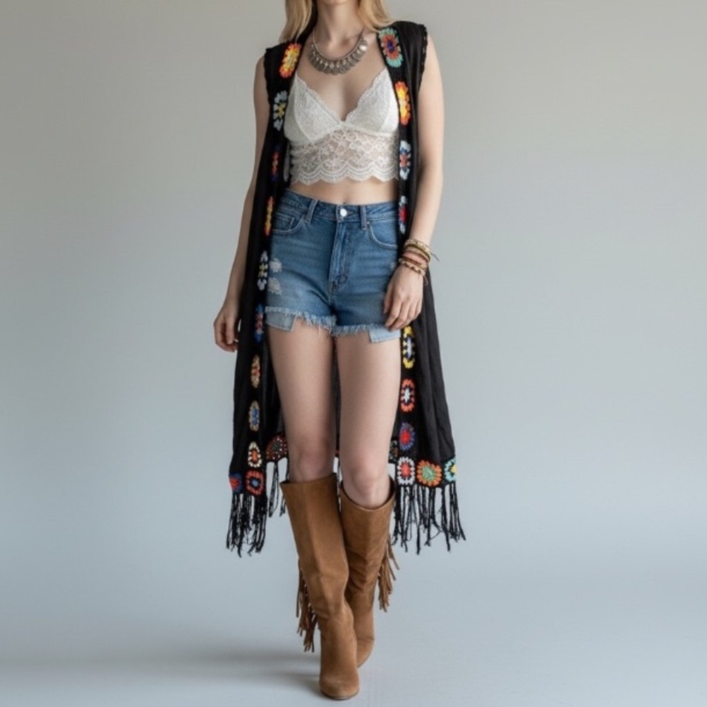 Kontrol Black Boho Crochet colorful granny square fringe coverup duster kimono